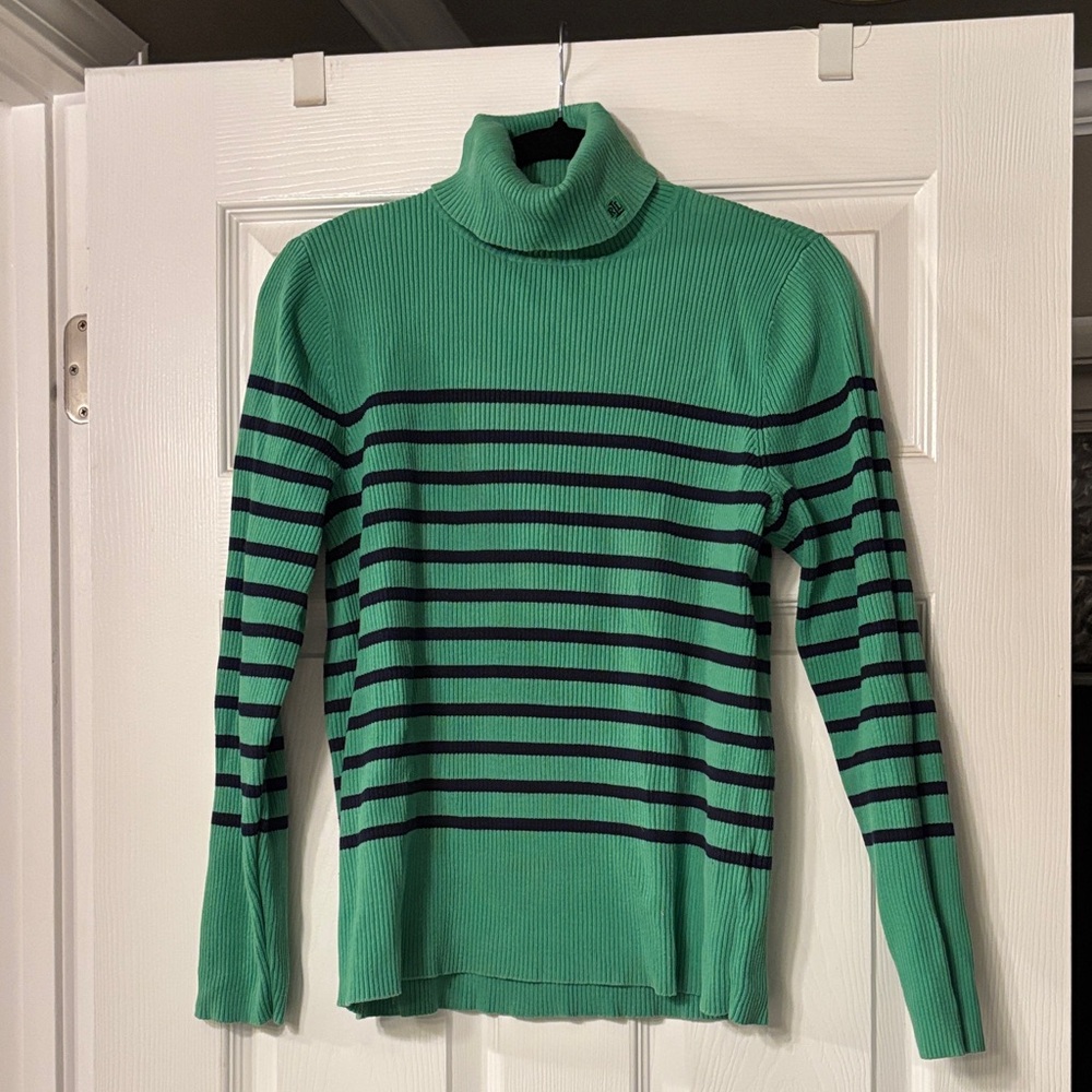 Lauren Ralph Lauren Green Turtleneck Sweater with Navy Stripes